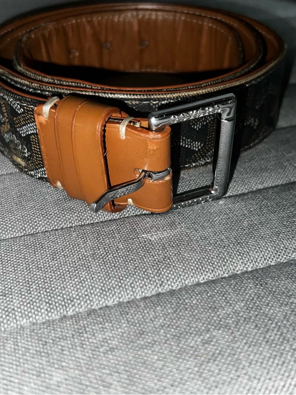 Goyard Brown Leather Trim and Monogram Canvas Belt with Silver Buckle - Picture 2 of 4